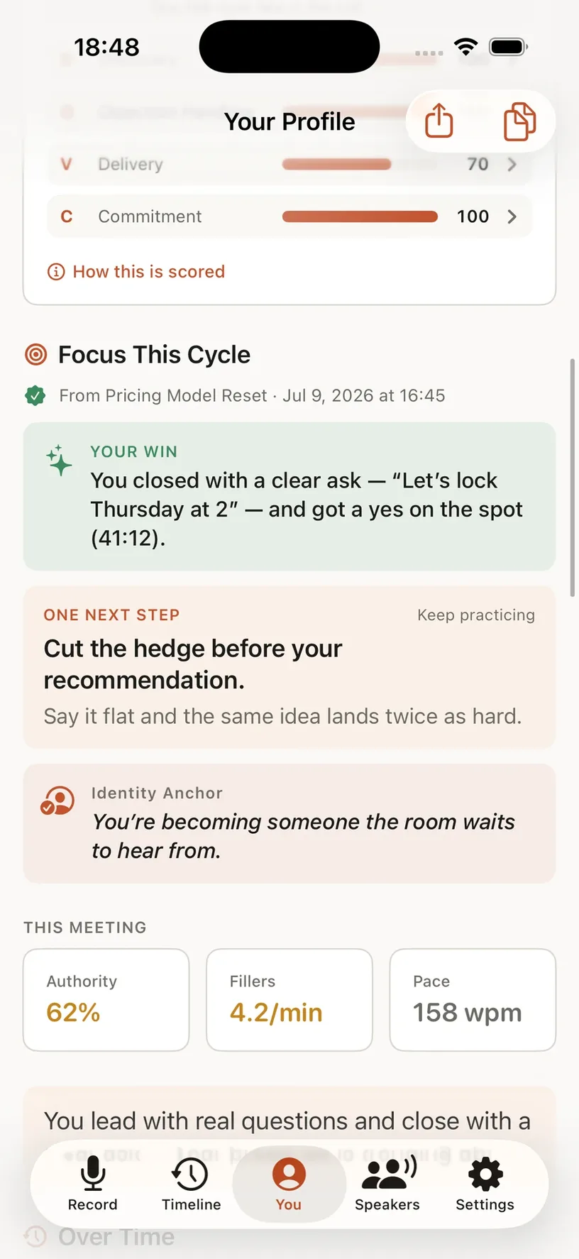 James coaching card with your win, your one next step, and this meeting's authority, fillers and pace