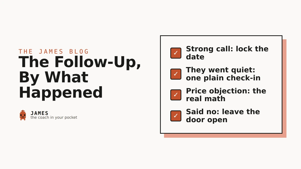 A checklist of 12 follow-up email scenarios beside the James pixel character.