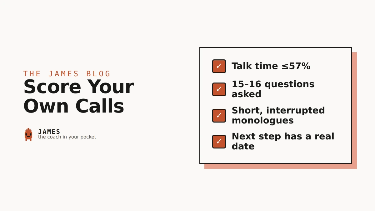 A simple four-row scorecard for reviewing your own sales calls, beside the James pixel character.