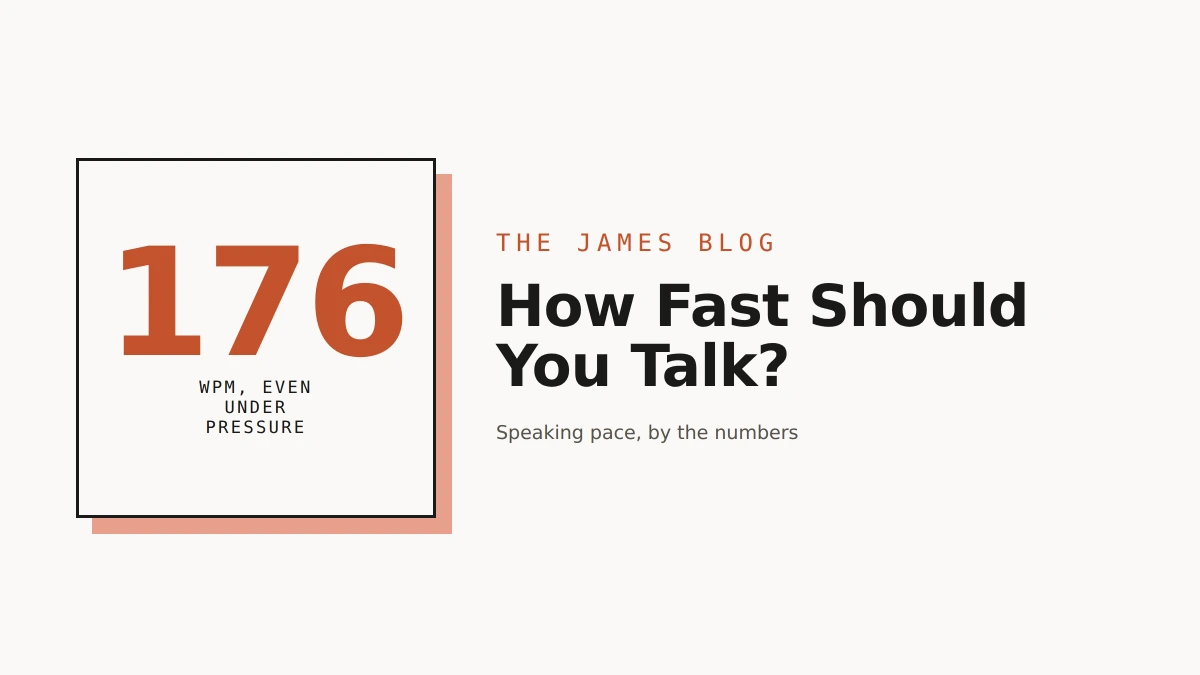 A speaking-pace benchmark table from conversation to TED talks to sales calls, beside the James pixel character.